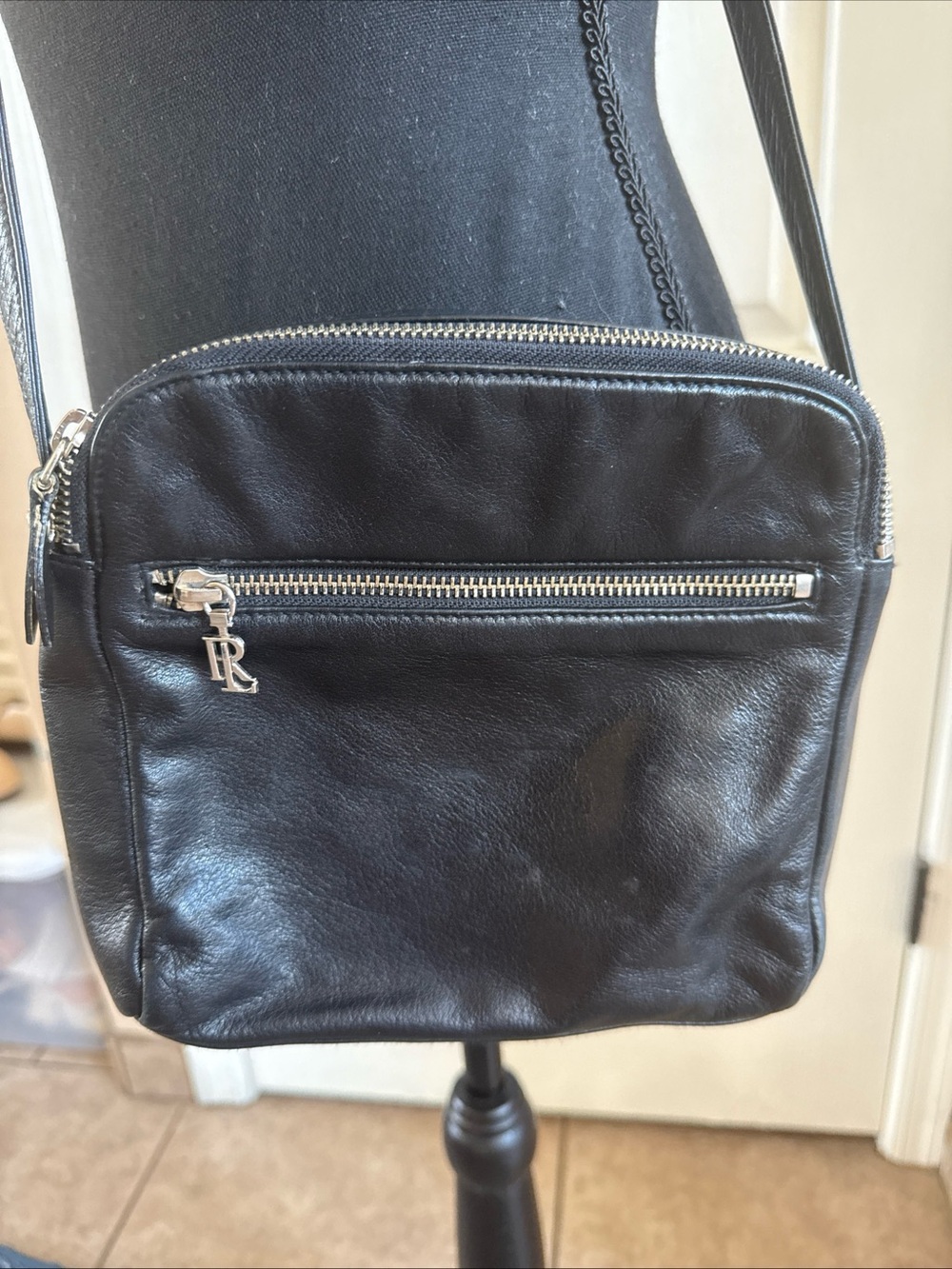 Ralph Lauren Vintage Black Leather Crossbody Bag with Silver Hardware